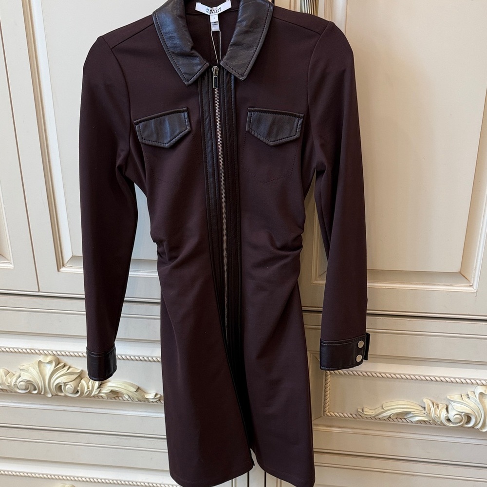 DEREK LAM 10 CROSBY DARK BROWN LEATHER TRIM DRESS SIZE 2.